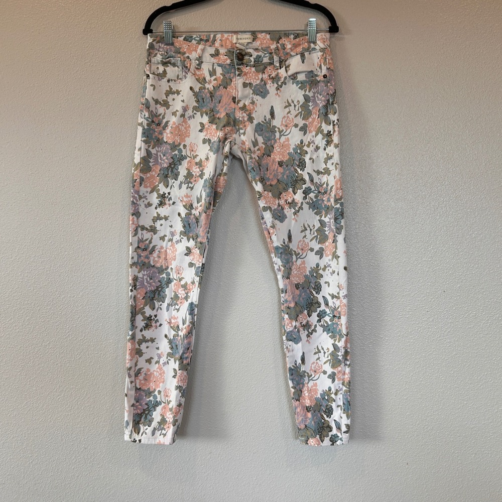 Forever 21 Floral Skinny Jeans White Pink Green Rose Print Denim Size 28